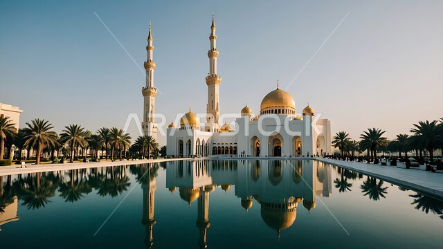 الديكورات والتصاميم الإسلامية، المآذن والقبب المبنية على الطراز العريق، انعكاس المسجد المحاط بأشجار النخيل على المياه الصافية، العبادة والطاعة والتقرب الى الله، الفن الهندسي المعماري لبناء المساجد في المملكة العربية السعودية، خلفية الطبيعة