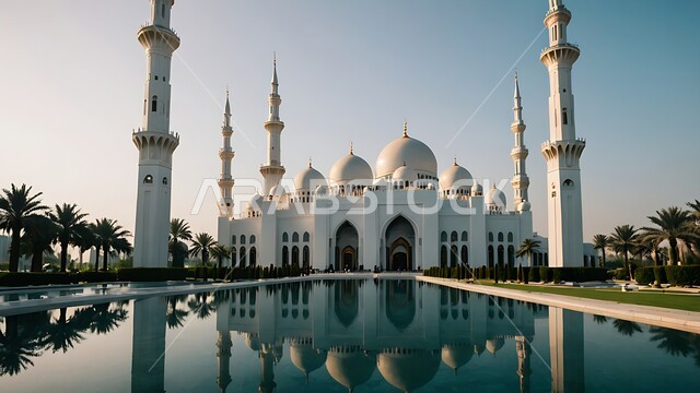 الديكورات والتصاميم الإسلامية، المآذن والقبب المبنية على الطراز العريق، انعكاس المسجد المحاط بأشجار النخيل على المياه الصافية، العبادة والطاعة والتقرب الى الله، الفن الهندسي المعماري لبناء المساجد في المملكة العربية السعودية، خلفية الطبيعة