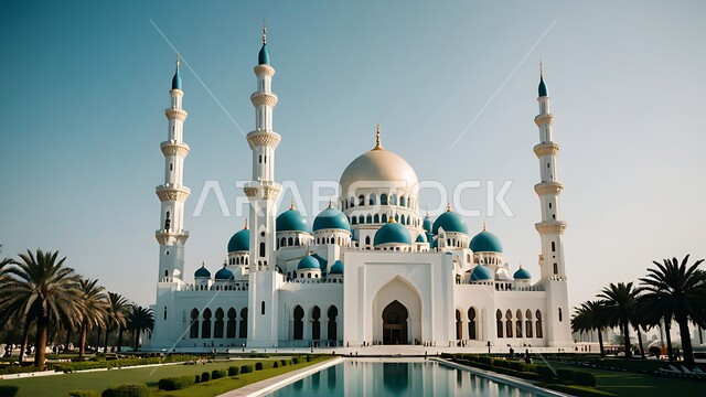Worship, obedience and closeness to God, the architectural art of building mosques in the Kingdom of Saudi Arabia, minarets and domes built in the ancient style, a mosque surrounded by palm trees and green spaces, Islamic decorations and designs, nature background