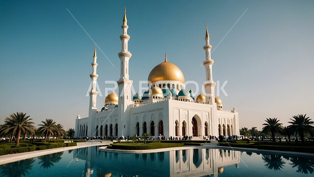 Minarets and domes built in the ancient style, the reflection of the mosque surrounded by palm trees on the clear water, worship, obedience and closeness to God, the architectural art of building mosques in the Kingdom of Saudi Arabia, Islamic decorations and designs, nature background