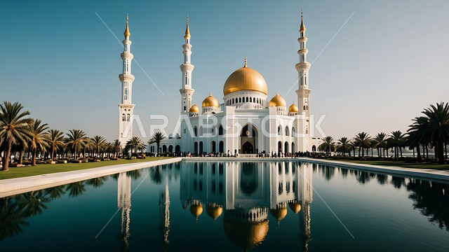 المآذن والقبب المبنية على الطراز العريق، انعكاس المسجد المحاط بأشجار النخيل على المياه الصافية، الديكورات والتصاميم الإسلامية، العبادة والطاعة والتقرب الى الله، الفن الهندسي المعماري لبناء المساجد في المملكة العربية السعودية، خلفية الطبيعة