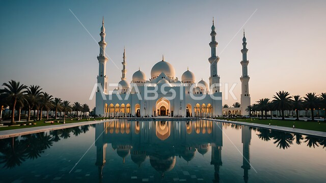 العبادة والطاعة والتقرب الى الله، الفن الهندسي المعماري لبناء المساجد في المملكة العربية السعودية، الديكورات والتصاميم الإسلامية، المآذن والقبب المبنية على الطراز العريق، انعكاس المسجد المحاط بأشجار النخيل على المياه الصافية، خلفية الطبيعة