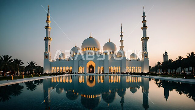 الفن الهندسي المعماري لبناء المساجد في المملكة العربية السعودية، الديكورات والتصاميم الإسلامية، المآذن والقبب المبنية على الطراز العريق، انعكاس المسجد المحاط بأشجار النخيل على المياه الصافية، العبادة والطاعة والتقرب الى الله، خلفية الطبيعة