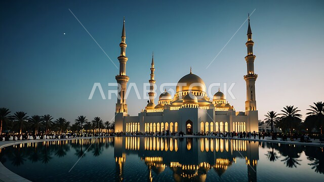 الديكورات والتصاميم الإسلامية، المآذن والقبب المبنية على الطراز العريق، انعكاس المسجد المحاط بأشجار النخيل على المياه الصافية، الفن الهندسي المعماري لبناء المساجد في المملكة العربية السعودية، العبادة والطاعة والتقرب الى الله، خلفية الطبيعة