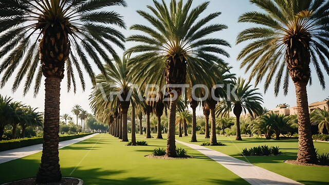 الاهتمام بزراعة اشجار النخيل والنباتات الخضراء، شجر النخيل في المزرعة، ممشى في احدى حدائق المملكة العربية السعودية في النهار، محاصيل زراعية محلية وطنية، أماكن سياحية للتنزه واستنشاق الهواء الطلق