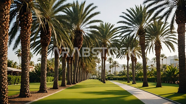A walkway in one of the parks of the Kingdom of Saudi Arabia during the day, local national agricultural crops, tourist places for walking and breathing the fresh air, interest in planting palm trees and green plants, palm trees on the farm
