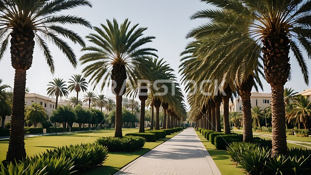 ممشى في احدى حدائق المملكة العربية السعودية في النهار، محاصيل زراعية محلية وطنية، أماكن سياحية للتنزه واستنشاق الهواء الطلق، الاهتمام بزراعة اشجار النخيل والنباتات الخضراء، شجر النخيل في المزرعة