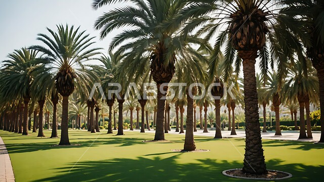 الاهتمام بزراعة اشجار النخيل والنباتات الخضراء، شجر النخيل في المزرعة، ممشى في احدى حدائق المملكة العربية السعودية في النهار، محاصيل زراعية محلية وطنية، أماكن سياحية للتنزه واستنشاق الهواء الطلق