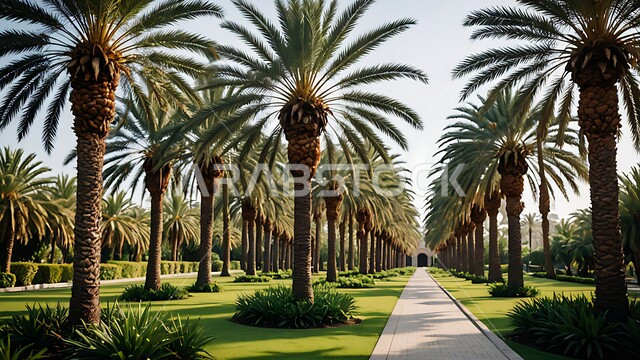 A walkway in one of the parks of the Kingdom of Saudi Arabia during the day, local national agricultural crops, tourist places for walking and breathing the fresh air, interest in planting palm trees and green plants, palm trees on the farm