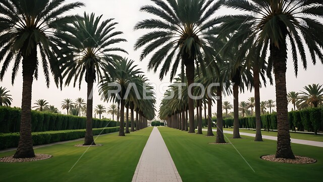 الاهتمام بزراعة اشجار النخيل والنباتات الخضراء، شجر النخيل في المزرعة، ممشى في احدى حدائق المملكة العربية السعودية في النهار، محاصيل زراعية محلية وطنية، أماكن سياحية للتنزه واستنشاق الهواء الطلق