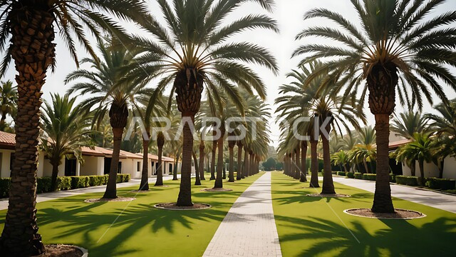 محاصيل زراعية محلية وطنية، أماكن سياحية للتنزه واستنشاق الهواء الطلق، الاهتمام بزراعة اشجار النخيل والنباتات الخضراء، شجر النخيل في المزرعة، ممشى في احدى حدائق المملكة العربية السعودية في النهار