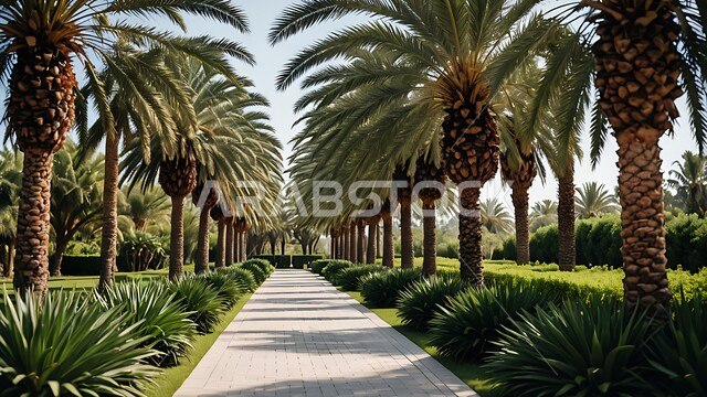 محاصيل زراعية محلية وطنية، أماكن سياحية للتنزه واستنشاق الهواء الطلق، الاهتمام بزراعة اشجار النخيل والنباتات الخضراء، شجر النخيل في المزرعة، ممشى في احدى حدائق المملكة العربية السعودية في النهار