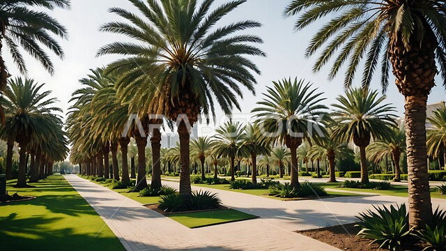 الاهتمام بزراعة اشجار النخيل والنباتات الخضراء، شجر النخيل في المزرعة، ممشى في احدى حدائق المملكة العربية السعودية في النهار، محاصيل زراعية محلية وطنية، أماكن سياحية للتنزه واستنشاق الهواء الطلق