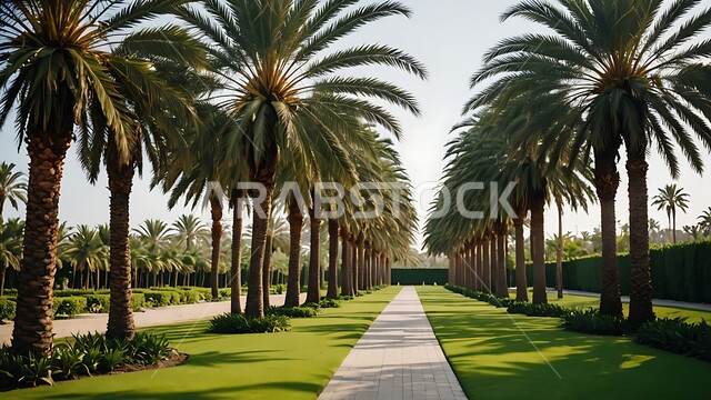 الاهتمام بزراعة اشجار النخيل والنباتات الخضراء، شجر النخيل في المزرعة، ممشى في احدى حدائق المملكة العربية السعودية في النهار، محاصيل زراعية محلية وطنية، أماكن سياحية للتنزه واستنشاق الهواء الطلق