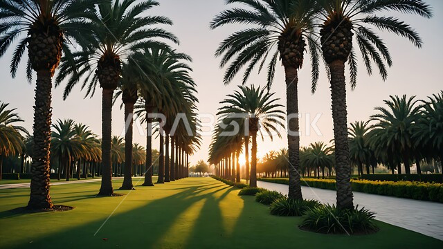 الاهتمام بزراعة اشجار النخيل والنباتات الخضراء، ممشى وسط شجر النخل في احدى حدائق المملكة العربية السعودية في وقت الغروب، أماكن سياحية للتنزه واستنشاق الهواء الطلق، محاصيل زراعية محلية وطنية