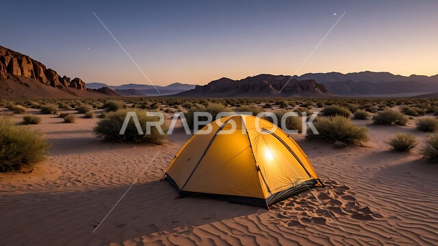 خيمة بدوية شعبية وسط الرمال، التضاريس والكثبان الذهبية الناعمة والنباتات الشوكية، التخييم في صحاري المملكة العربية السعودية, مخيمات سياحية في المناطق البرية، حياة البدو في الصحراء نهارا