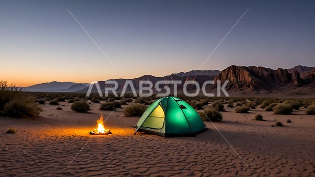 حياة البدو في الصحراء, مخيمات سياحية في المناطق البرية، خيمة بدوية شعبية وسط الرمال, التضاريس والكثبان الذهبية الناعمة والنباتات الشوكية، التخييم في صحاري المملكة العربية السعودية, السماء وقت غروب الشمس