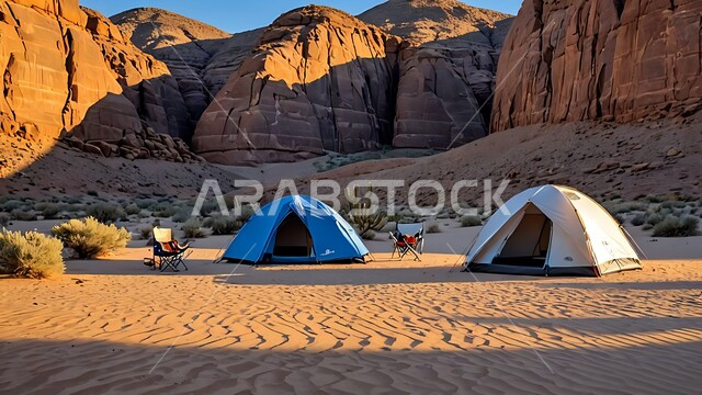 خيمة بدوية شعبية وسط الرمال، التضاريس والكثبان الذهبية الناعمة والنباتات الشوكية، التخييم في صحاري المملكة العربية السعودية, مخيمات سياحية في المناطق البرية، حياة البدو في الصحراء نهارا