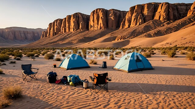 التضاريس والكثبان الذهبية الناعمة والنباتات الشوكية، التخييم في صحاري المملكة العربية السعودية, مخيمات سياحية في المناطق البرية، خيمة بدوية شعبية وسط الرمال، حياة البدو في الصحراء نهارا