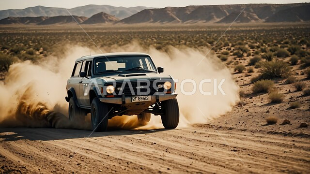 An exciting adventure in the desert environment, driving a four-wheel drive vehicle (dune bashing) in the middle of the desert, safari adventures on the sand dunes, a fun desert activity, enjoying hobbies and recreational activities in the Saudi desert areas