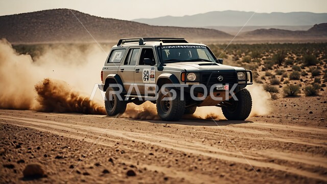 Driving a four-wheel drive vehicle (dune bashing) in the middle of the desert, a fun desert activity, an exciting adventure in the desert environment, safari adventures on the sand dunes, enjoying hobbies and recreational activities in the Saudi desert areas