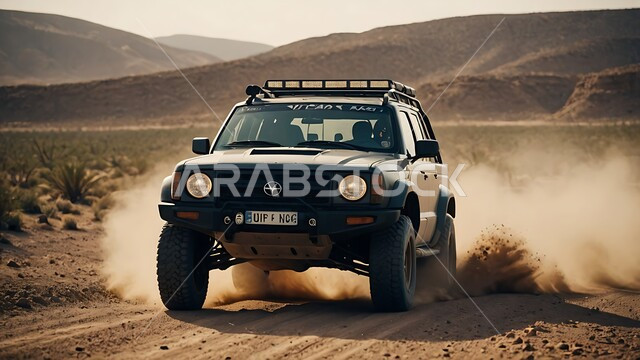 An exciting adventure in the desert environment, driving a four-wheel drive vehicle (dune bashing) in the middle of the desert, safari adventures on the sand dunes, a fun desert activity, enjoying hobbies and recreational activities in the Saudi desert areas