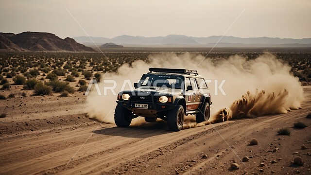 Driving a four-wheel drive vehicle (dune bashing) in the middle of the desert, a fun desert activity, an exciting adventure in the desert environment, safari adventures on the sand dunes, enjoying hobbies and recreational activities in the Saudi desert areas