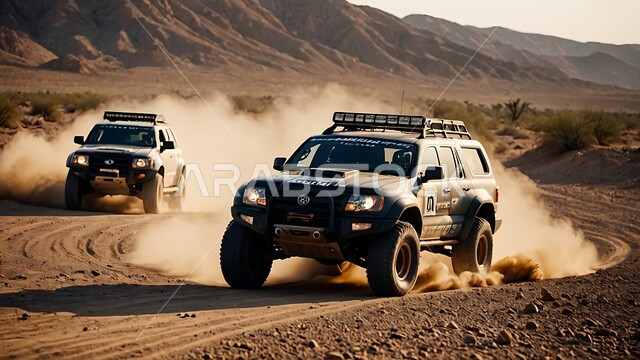 Driving a four-wheel drive vehicle (dune bashing) in the middle of the desert, a fun desert activity, an exciting adventure in the desert environment, safari adventures on the sand dunes, enjoying hobbies and recreational activities in the Saudi desert areas
