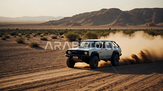 An exciting adventure in the desert environment, driving a four-wheel drive vehicle (dune bashing) in the middle of the desert, safari adventures on the sand dunes, a fun desert activity, enjoying hobbies and recreational activities in the Saudi desert areas