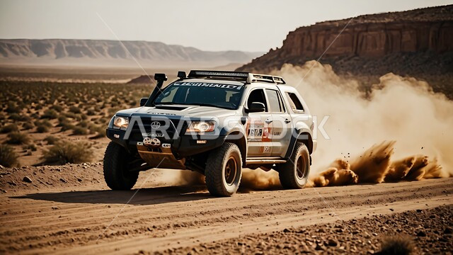 Driving a four-wheel drive vehicle (dune bashing) in the middle of the desert, a fun desert activity, an exciting adventure in the desert environment, safari adventures on the sand dunes, enjoying hobbies and recreational activities in the Saudi desert areas