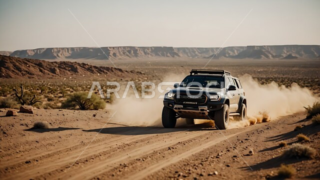 Driving a four-wheel drive vehicle (dune bashing) in the middle of the desert, a fun desert activity, an exciting adventure in the desert environment, safari adventures on the sand dunes, enjoying hobbies and recreational activities in the Saudi desert areas