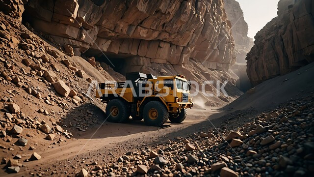 المرتفعات وقمم الجبال في المملكة العربية السعودية, مناطق التنقيب عن الثروات الباطنية، الطبيعة الصخرية وتضاريس السلاسل الجبلية، سيارة شحن كبيرة تقوم بالعمل في موقع التعدين، التخلص من الأتربة والصخور ونقلها بعيدا