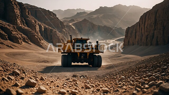 المرتفعات وقمم الجبال في المملكة العربية السعودية, مناطق التنقيب عن الثروات الباطنية، الطبيعة الصخرية وتضاريس السلاسل الجبلية، سيارة شحن كبيرة تقوم بالعمل في موقع التعدين، التخلص من الأتربة والصخور ونقلها بعيدا