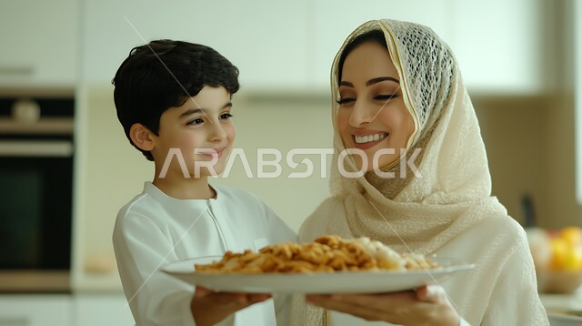 المشاركة بالأعمال المنزلية ومهارات الطبخ، ولد صغير يقوم بمساعدة والدته لتحضير الطعام الصحي والمفيد، إمراة عربية سعودية خليجية محجبة ترتدي عباءة ملونة تعلم ابنها فنون الطهي، مشاركة الأطفال بالأنشطة المنزلية الترفيهية، ابتسامة الأم لطفلها