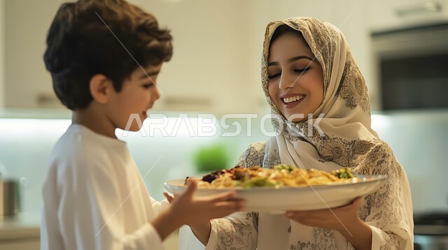 المشاركة بالأعمال المنزلية ومهارات الطبخ، ولد صغير يقوم بمساعدة والدته لتحضير الطعام الصحي والمفيد، إمراة عربية سعودية خليجية محجبة ترتدي عباءة ملونة تعلم ابنها فنون الطهي، مشاركة الأطفال بالأنشطة المنزلية الترفيهية، ابتسامة الأم لطفلها