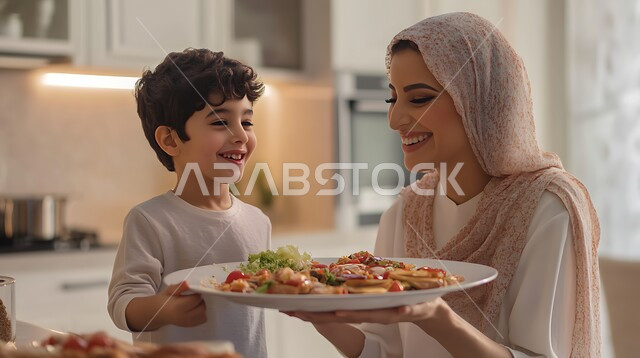 المشاركة بالأعمال المنزلية ومهارات الطبخ، ولد صغير يقوم بمساعدة والدته لتحضير الطعام الصحي والمفيد، إمراة عربية سعودية خليجية محجبة ترتدي عباءة ملونة تعلم ابنها فنون الطهي، مشاركة الأطفال بالأنشطة المنزلية الترفيهية، ابتسامة الأم لطفلها