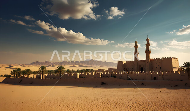 Islamic religious places and landmarks, modern architectural art of mosques, worship and closeness to God Almighty, an ancient mosque in the middle of the desert in the Kingdom of Saudi Arabia, modern decorations and designs of minarets and domes, a view of the sky filled with white clouds