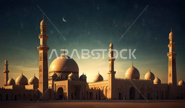 Worship and getting closer to God Almighty, illustrations of an ancient mosque in the middle of the desert in the Kingdom of Saudi Arabia at night, modern decorations and designs of minarets and domes, Islamic religious places and landmarks, modern architectural art of mosques