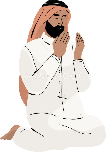 الإكثار من ذكر الله تعالى و الإستغفار, رسوم كرتونية لرجل عربي سعودي خليجي يرتدي الثوب الأبيض والشماغ السعودي يرفع يديه للدعاء, الإجتهاد في العباده, التقرب الى الله تعالى في شهر رمضان المبارك, إسلاميات وعبادات