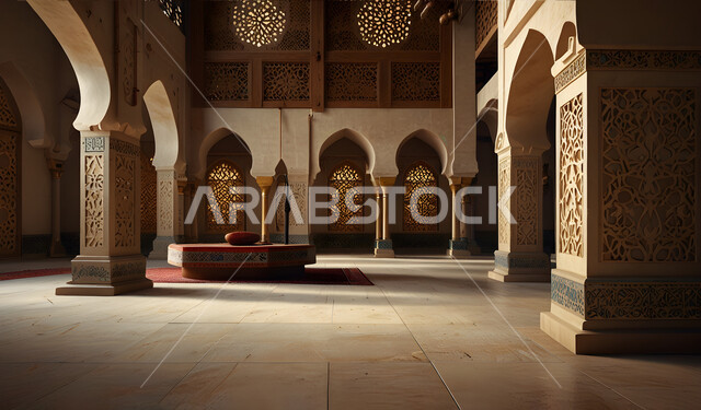 التصاميم والديكورات الداخلية للمساجد، الزخارف والنقوش للاعمدة والاقواس على الطراز الاسلامي، الفن الهندسي المعماري لممر مسجد عربي عريق، مفهوم العبادة والتقرب إلى الله تعالى, مكان المسلمين لأداء الصلوات وقراءة القرآن، الأجواء الروحانية والطمأنينة.