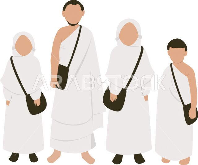 Worship and getting closer to God, visiting the Holy House of God in Mecca, 3D cartoon of a Muslim family wearing Ihram clothes performing Hajj and Umrah rituals, the fifth pillar of Islam, white background