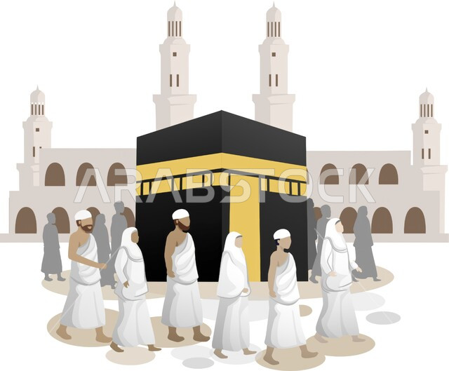 الدعاء والتقرب إلى الله، معالم وأماكن اسلامية دينية مقدسة، رسوم توضيحية ثلاثية الأبعاد لاشخاص  خليجيين سعوديين يرتدون ملابس الاحرام في ساحة الحرم المكي الشريف، أداء مناسك الحج والعمرة، وجهة المسلمين من كل بقاع الأرض، اسلاميات وعبادة