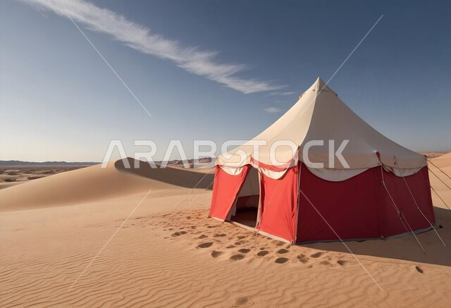الجلسات الشعبية الهادئة في النهار, أجواء شتوية وتخييم في المناطق الصحراوية, أماكن المغامرات الشبابية ورحلات السفاري الممتعة، خيمة تقليدية على الرمال الذهبية الناعمة في الصحراء، مخيمات سياحية في المملكة العربية السعودية