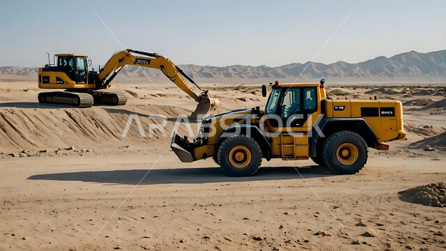 استخدام الآلات والمعدات الثقيلة في المناطق الوعرة في وقت النهار، جرافات هيدروليكية تقوم بأحد اعمال التعدين لنقل وتفريغ التراب في الأماكن الجبلية في المملكة العربية السعودية، مفهوم مشاريع البناء والانشاء الكبيرة، مهن ووظائف هندسية صناعية