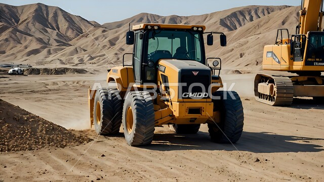 Engineering, construction and development concept, sandy and rocky nature of the deserts of Saudi Arabia, heavy machinery and equipment, a group of trucks working to pack and transport sand and gravel during the day, areas of exploration for underground resources