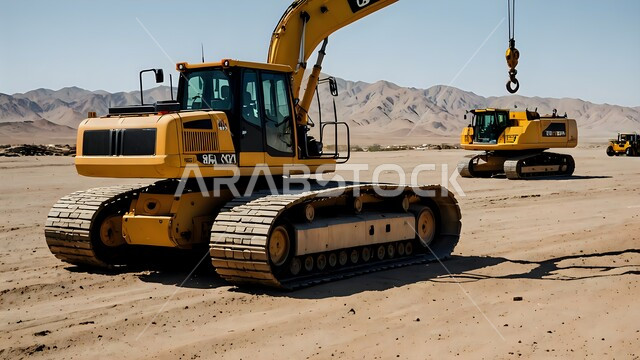 Industrial engineering jobs and professions, use of heavy machinery and equipment in rugged areas during the day, hydraulic bulldozers doing mining work to transport and empty soil in mountainous areas in the Kingdom of Saudi Arabia, concept of large construction and building projects