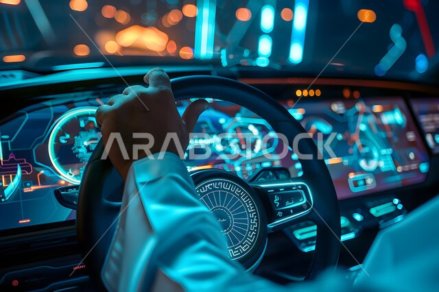 التقدم والتطور التقني والتكنولوجي، صورة مقربة ليد رجل عربي سعودي خليجي يرتدي الثوب التقليدي يتفاعل مع واجهة رقمية مستقبلية، مفهوم صناعة وابتكار السيارات المتطورة، الابتكار والتحول الرقمي في المملكة العربية السعودية