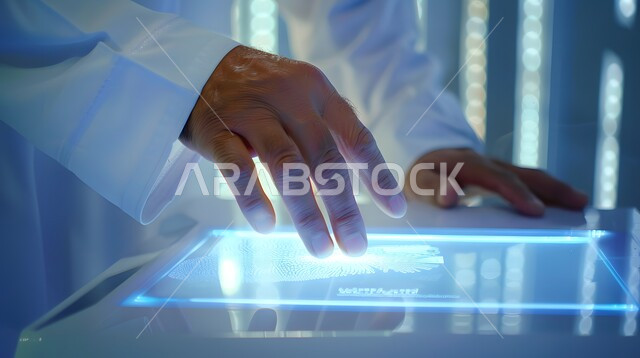 Using advanced techniques and technology, tapping using the sense of touch on a tablet screen, close-up of a Saudi Arabian Gulf man's hand interacting with a futuristic digital interface, the concept of innovation and technological progress in the Kingdom of Saudi Arabia