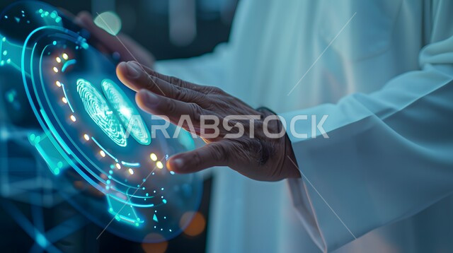 النقر باستخدام حاسة اللمس على شاشة الكمبيوتر اللوحي، صورة مقربة ليد رجل عربي سعودي خليجي يتفاعل مع واجهة رقمية مستقبلية، استخدام التقنيات والتكنولوجيا المتطورة، مفهوم الابتكار والتقدم التقني في المملكة العربية السعودية