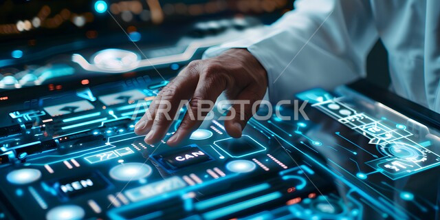 Tapping using the sense of touch on the tablet screen, close-up of the hand of a Saudi Arabian Gulf man interacting with a futuristic digital interface, use of advanced techniques and technology, the concept of innovation and technological progress in the Kingdom of Saudi Arabia